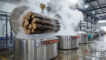 High-density birch logs undergoing 100°C boiling process for sterilization and degreasing at disposable cutlery factory.